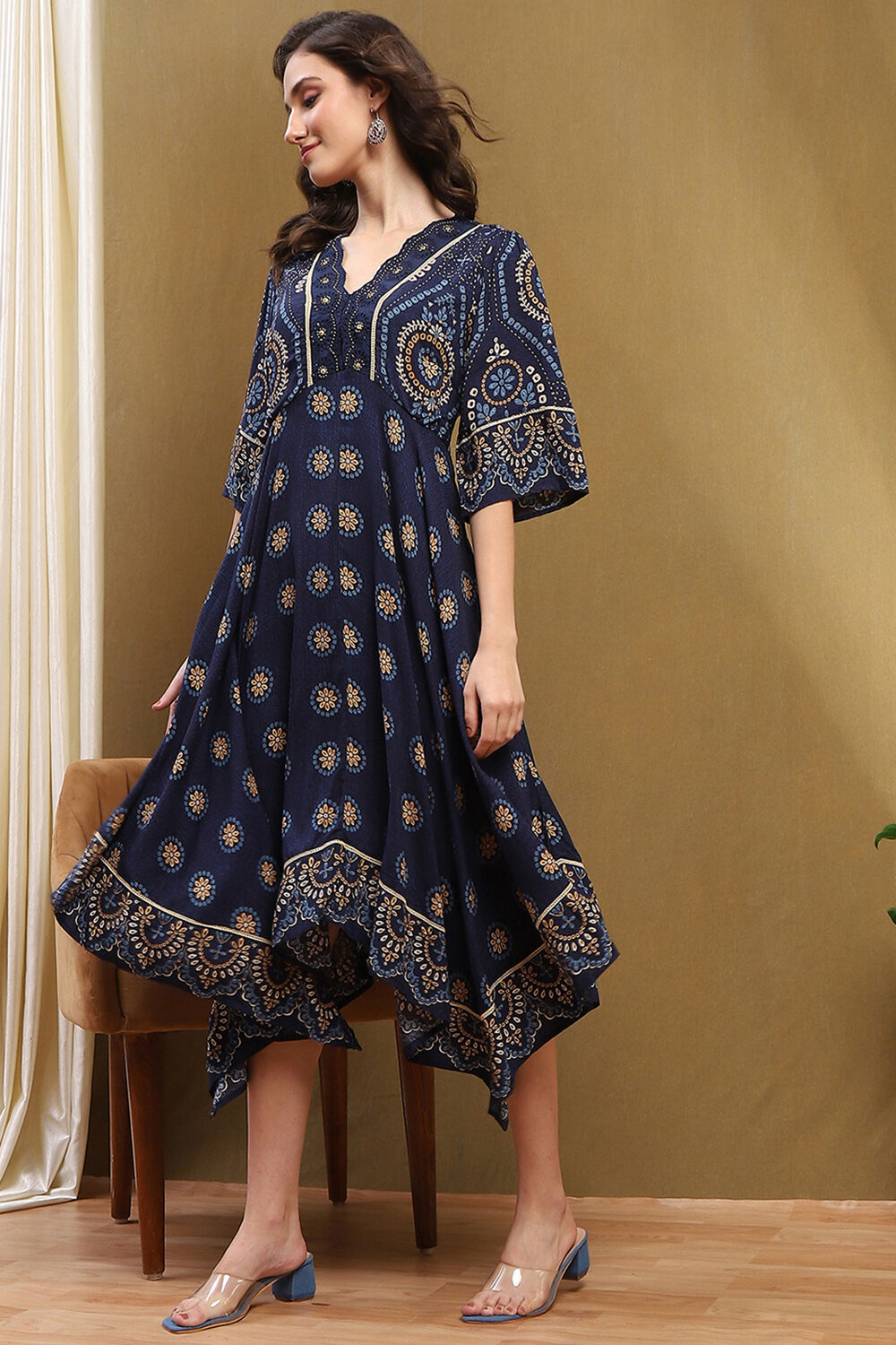 Blue Hand-Blocked Printed Handkerchief Flared Dress image number 0