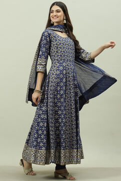 Navy Blue Cotton Anarkali Kurta Churidar Suit Set image number 0