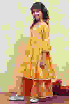 Orange Cotton Printed Tiered Kurta Set image number 3