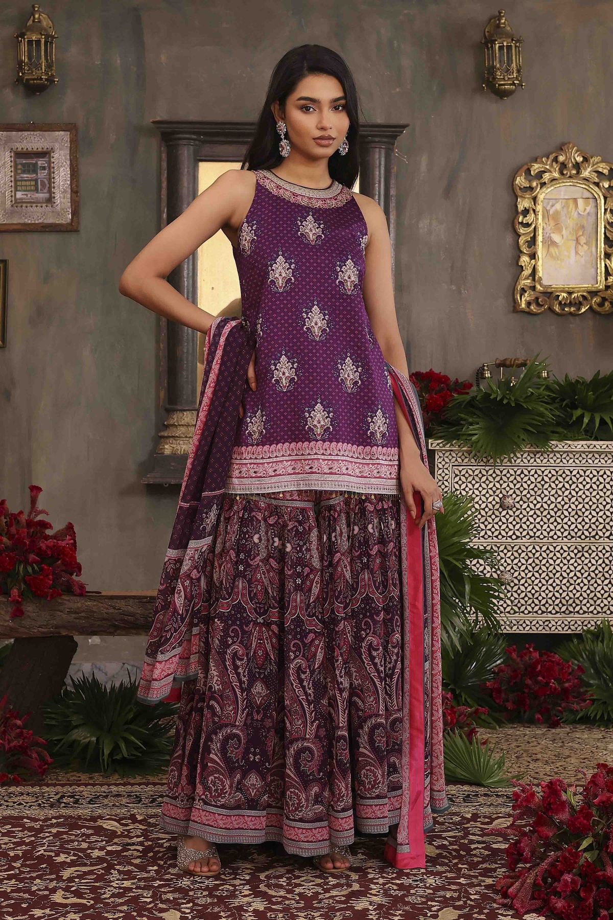 Purple Chanderi Digital Printed Garara Straight Suit Set