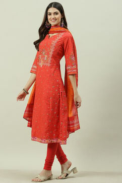 Red Printed Cotton Kalidar Kurta Legging Suit Set image number 5