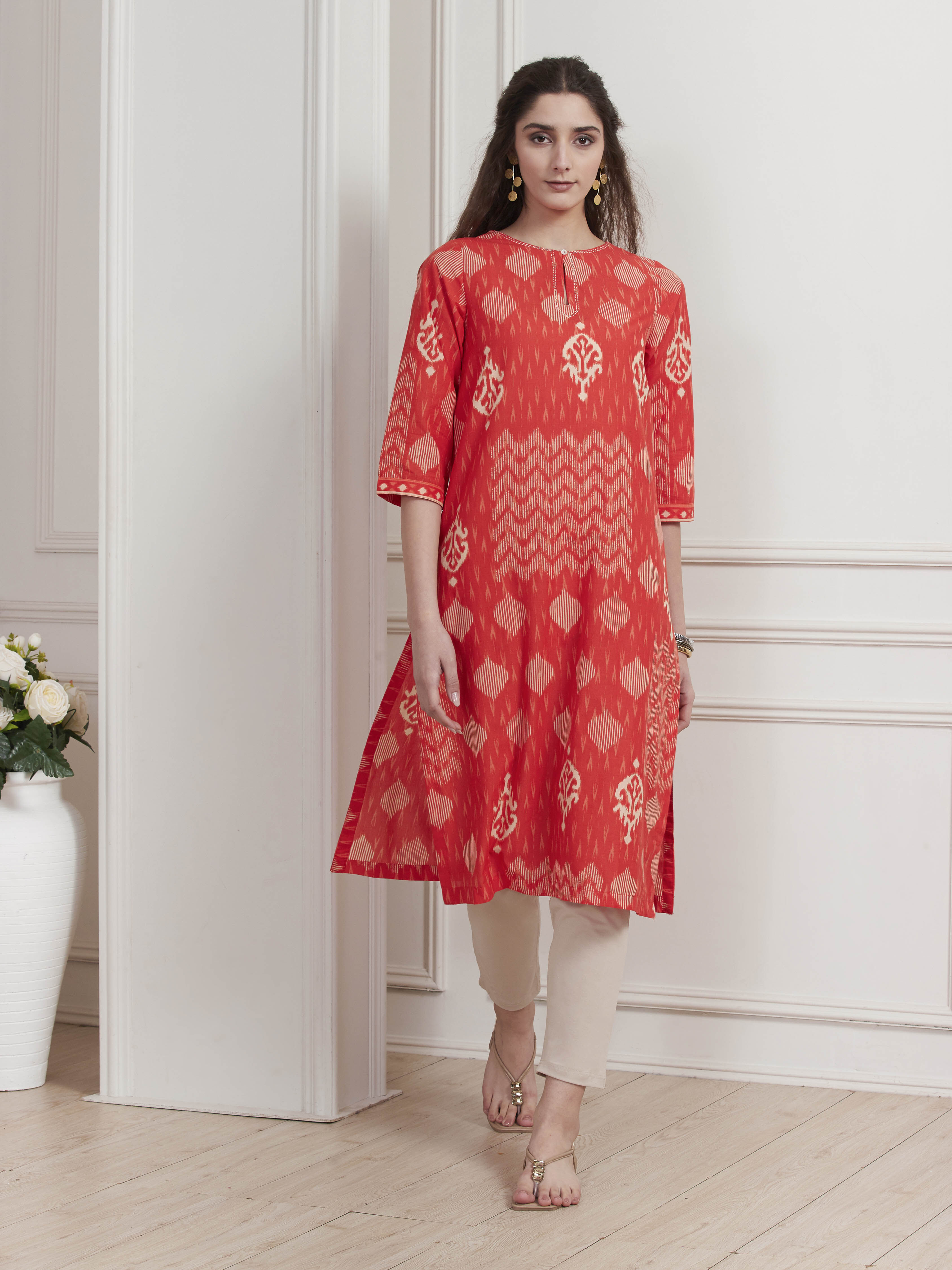 Orange Cotton Printed Straight Kurta image number 5