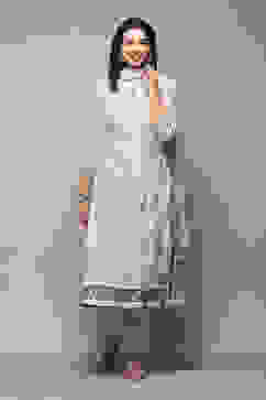 Off White Cotton Layered Printed Kurta Churidar Suit Set image number 7