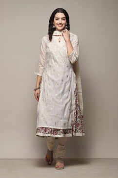 Off White Cotton Layered Printed Kurta Churidar Suit Set image number 7