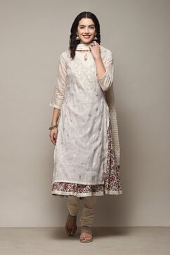 Off White Cotton Layered Printed Kurta Churidar Suit Set image number 7