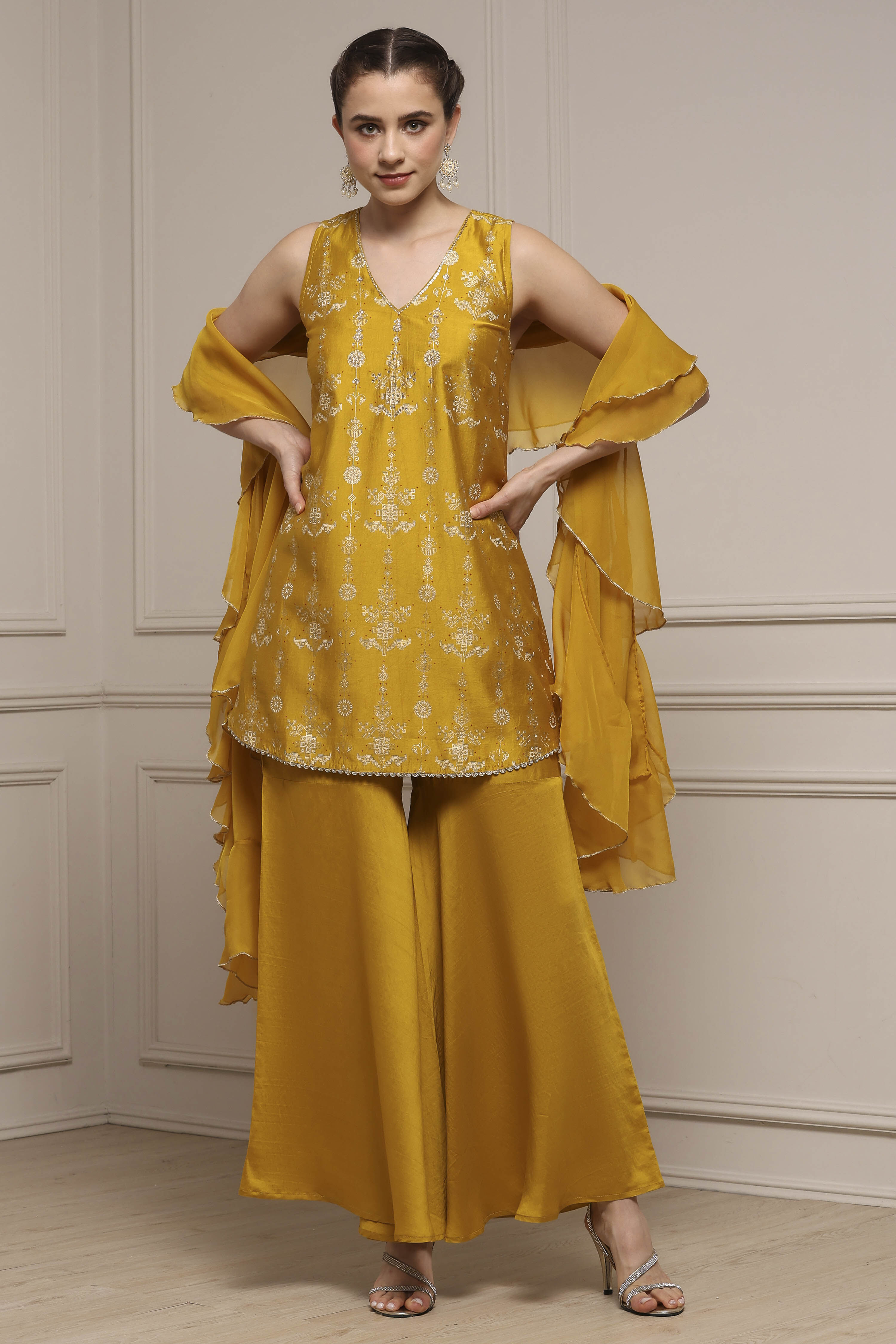 Yellow Viscose Blend A-Line Printed Garara Suit Set image number 6