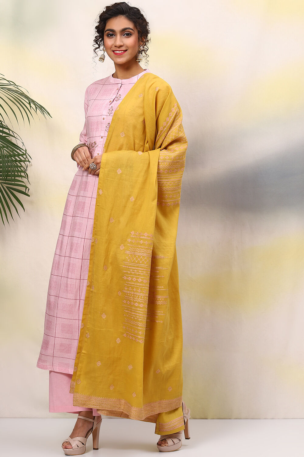 Light Pink Cotton Woven Unstitched Suit Set image number 5