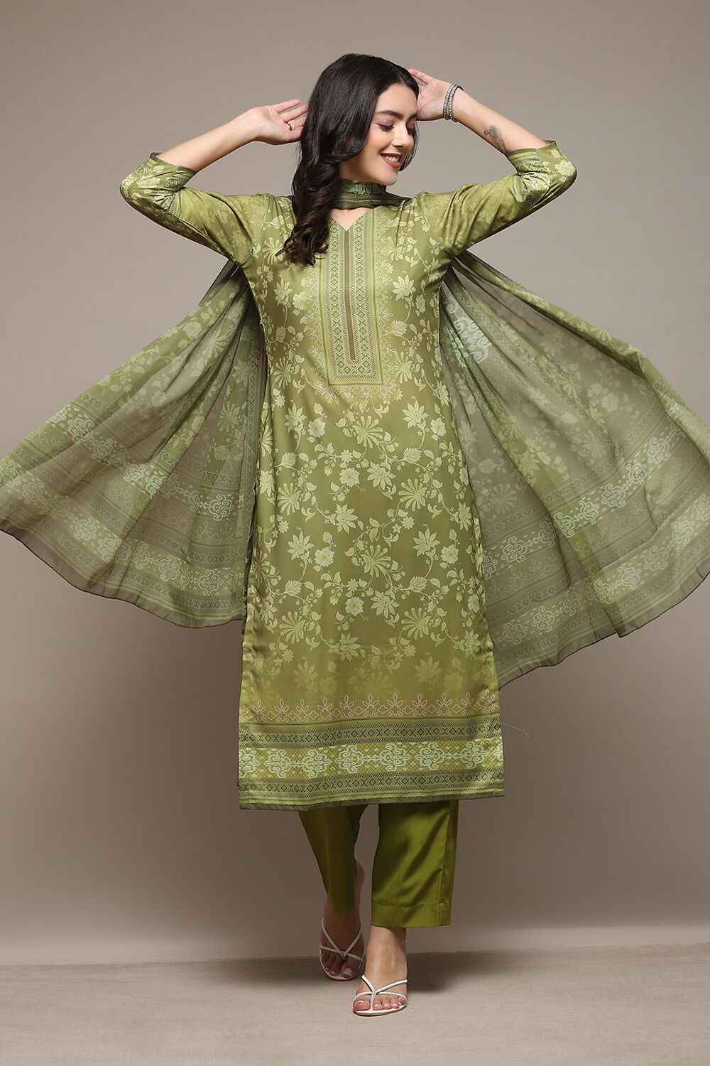 Olive Green Silk Blend Digital Print Unstitched Suit Set image number 1