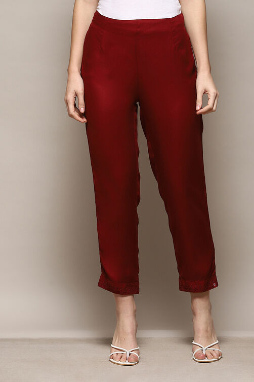 Maroon Viscose Slim Solid Pants image number 5