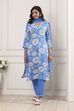 Blue Floral Printed Straight Suit Set image number 6