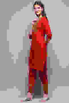 Red Rayon Straight Kurta Pant 2 Piece Set image number 3