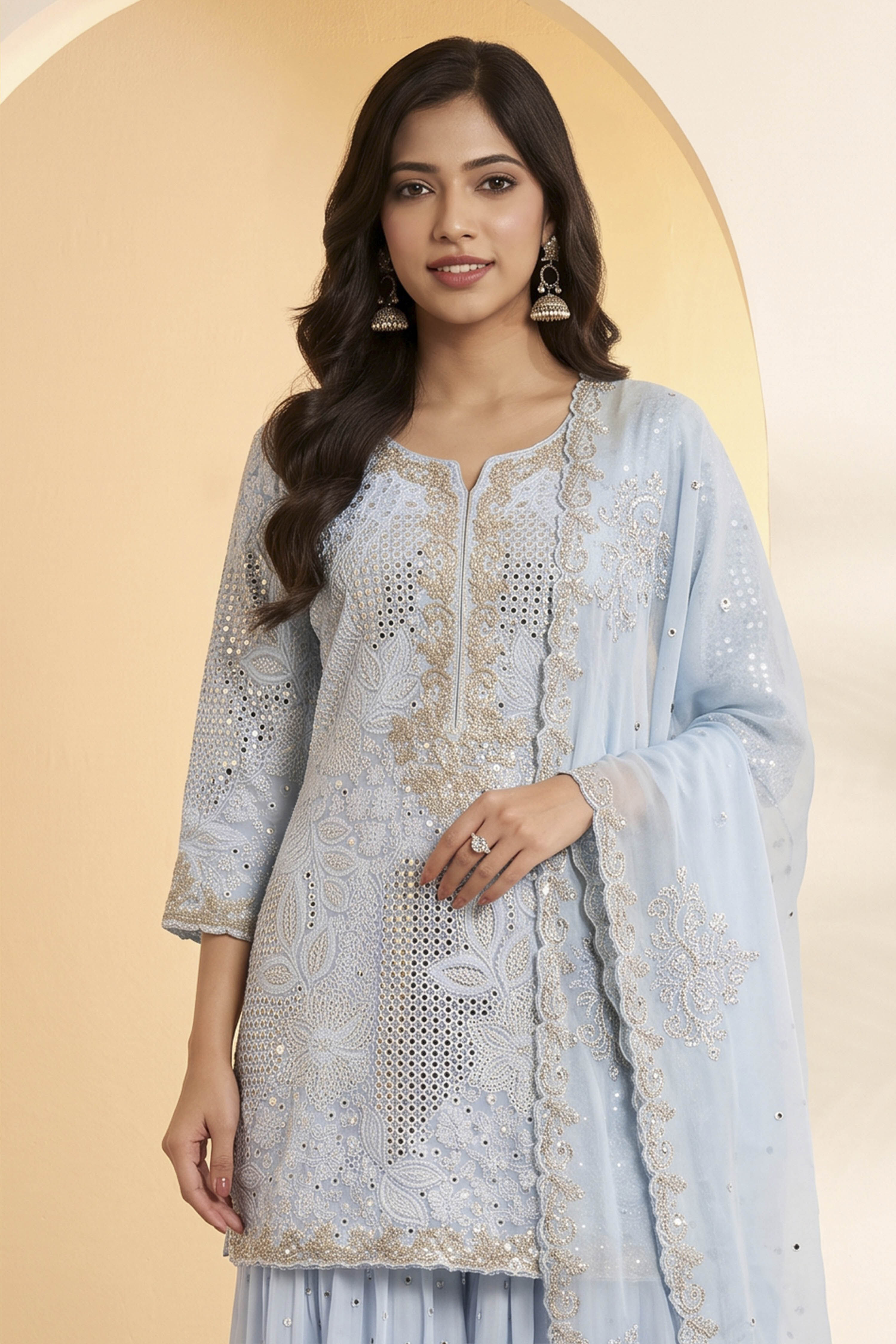 Powder Blue Butterfly Net Embroidered Sharara Suit Set image number 1