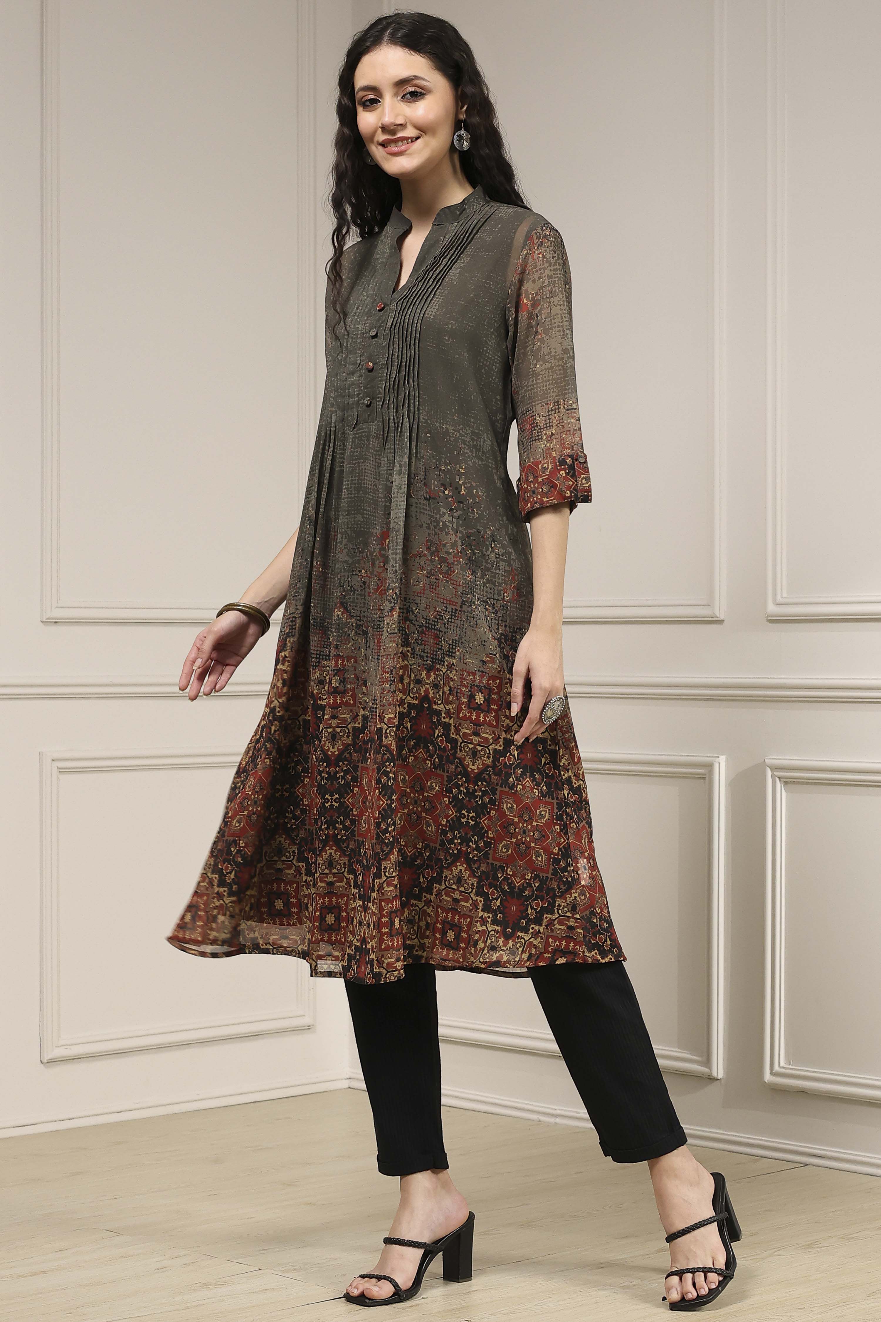 Charcoal and Rust Printed Pleated A-Line Kurta image number 2