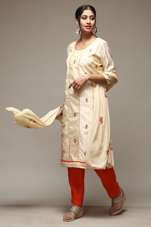 Mustard Chanderi Machine Embroidered Unstitched Suit Set image number 5