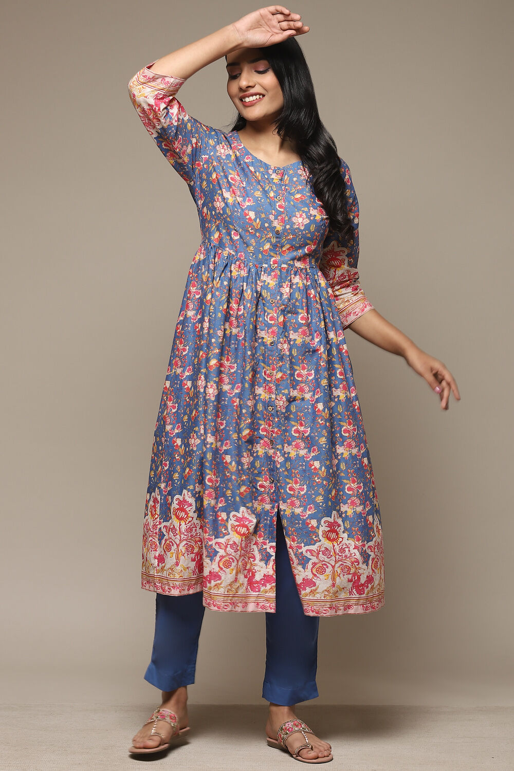 Blue Cotton Gathered Kurta Pants 2 Piece Set image number 0