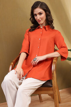 Orange Cotton Blend Solid Straight Shirt Style Kurti image number 6