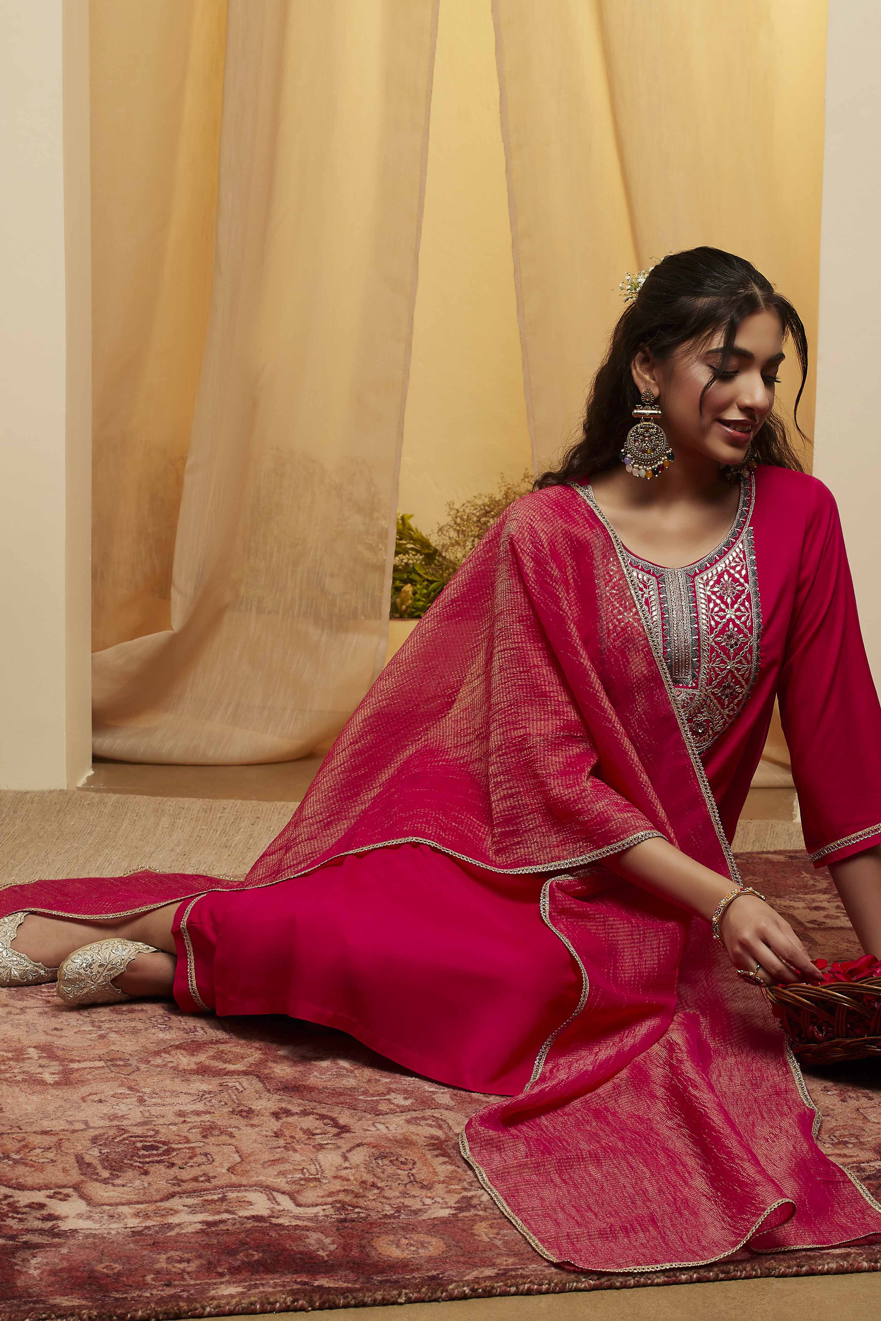 Fuschia Viscose Rayon Straight Suit Set image number 0