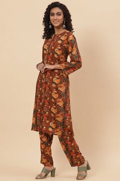 Brown Rayon Co-ord Set Kurta Relaxed Pant Suit Set image number 3