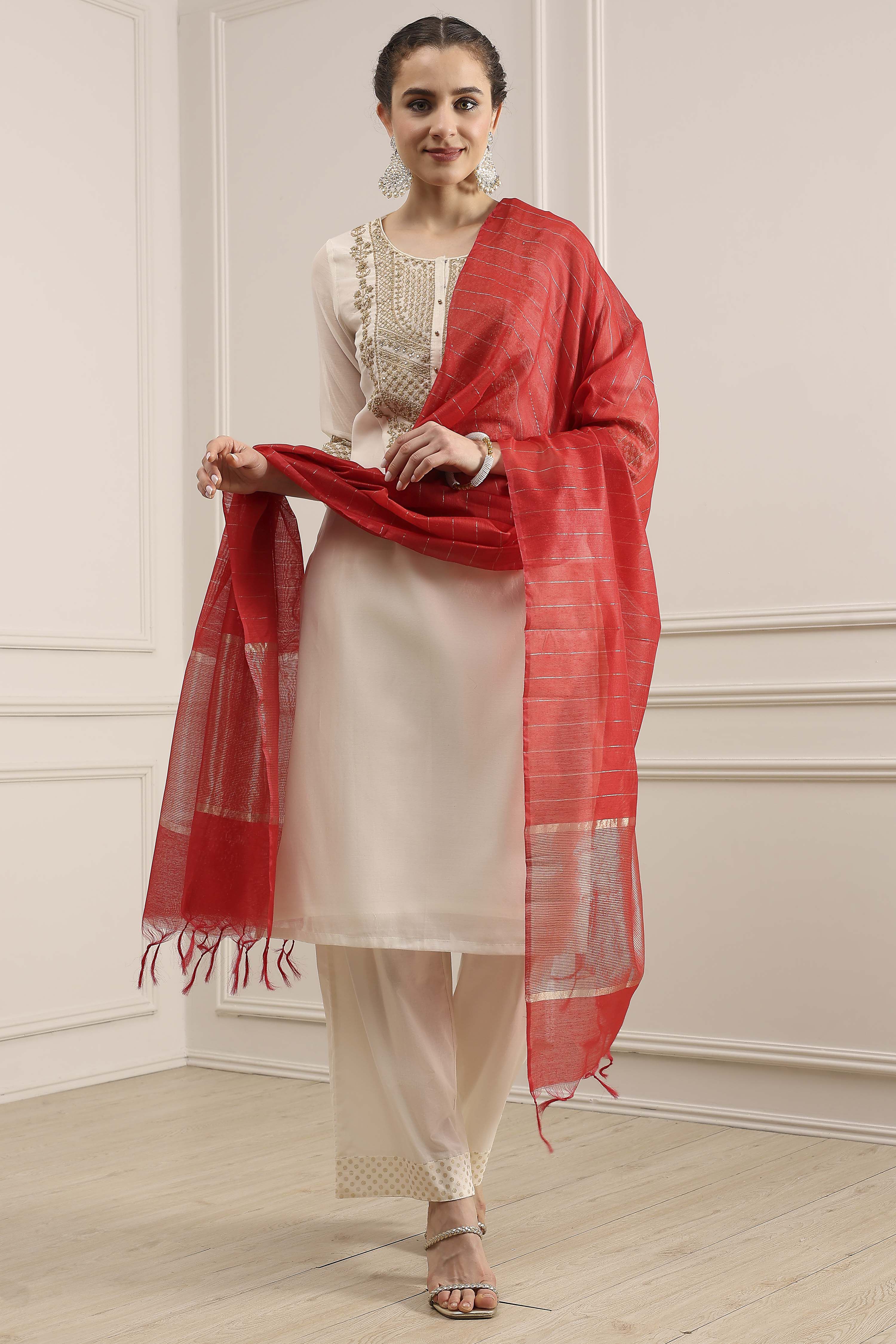 Red Polyester Yarndyed Dupatta image number 0