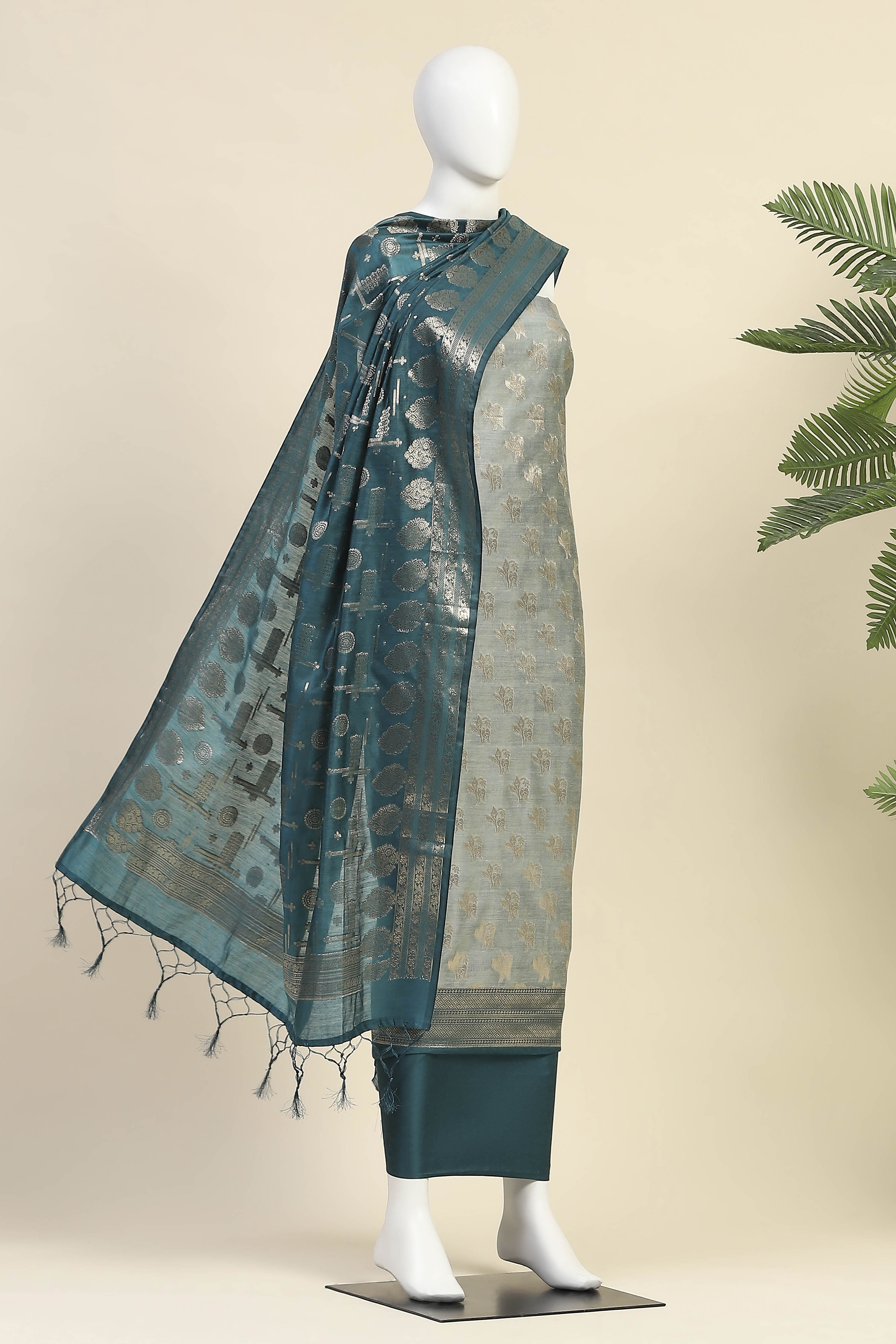Sea Green Chanderi  Unstitched Suit Set image number 4