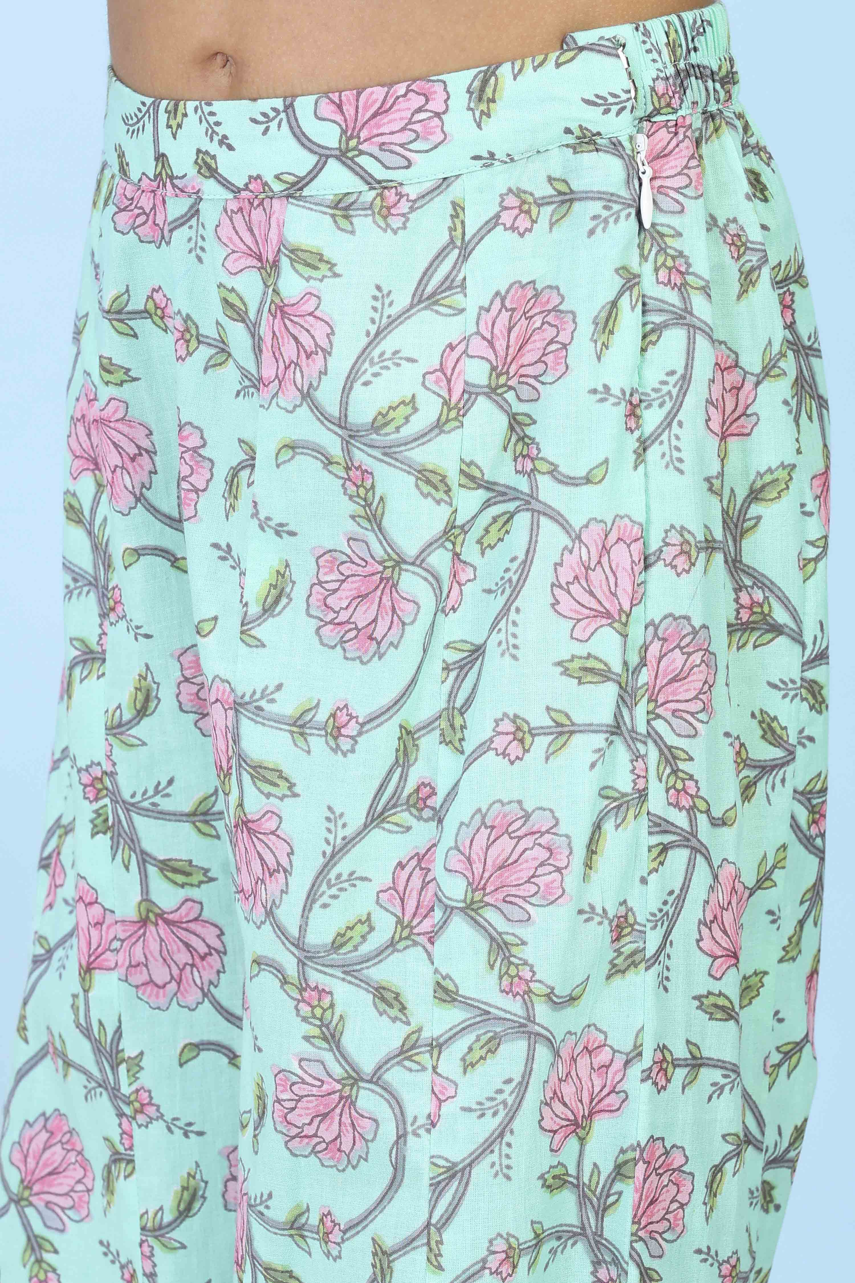 Mint Green Cotton Printed Straight Suit Set image number 2