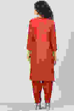 Berry Red Cotton Silk Straight Kurta Salwar Pant Suit Set image number 4