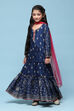 Navy Blue Viscose Tiered Kurta Printed Suit Set image number 4