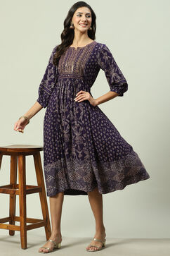 Purple Rayon Flared Printed Kurta Dress image number 4