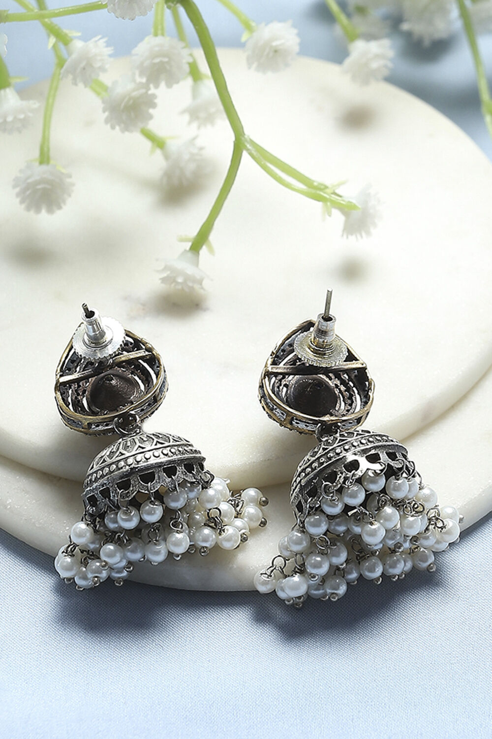 Navy Blue Stone-Studded Oxidised Jhumkas image number 2