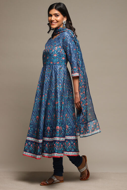 Indigo Cotton Anarkali Kurta Churidar Suit Set image number 5