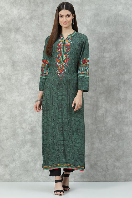 Green LIVA Straight Printed Kurta image number 0