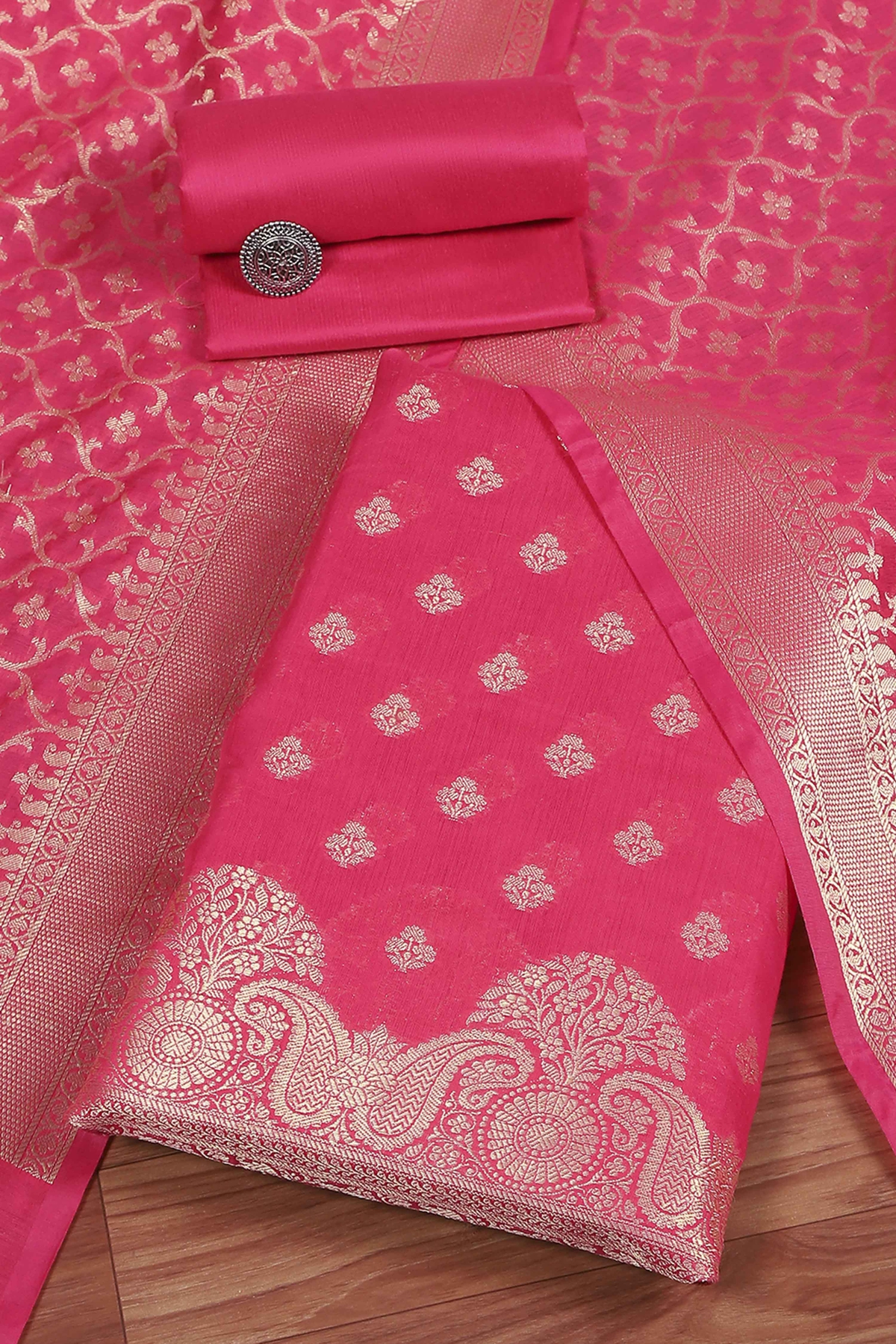 Pink Cotton Printed Embroidered Unstitched Suit Set