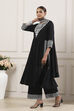 Black Dyed Solid Gathered Straight Suit Set image number 4
