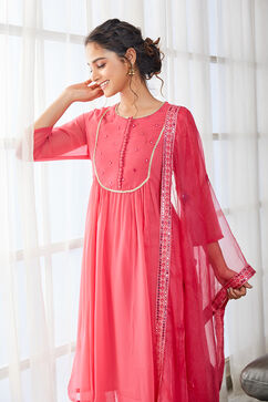 Pink Embroidered Gathered Kurta & Palazzo Suit Set image number 7