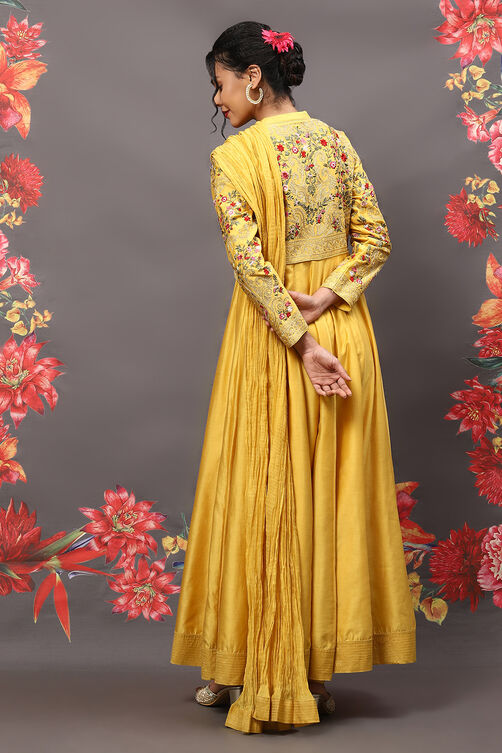 Rohit Bal Mustard Cotton Blend Anarkali Kurta Suit Set image number 4