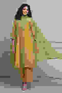 Lime Green Silk Chanderi Embroidered Dyed Straight Suit Set image number 6