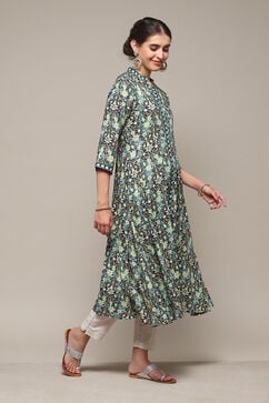 Bottle Green LIVA A-Line Printed Dress image number 4