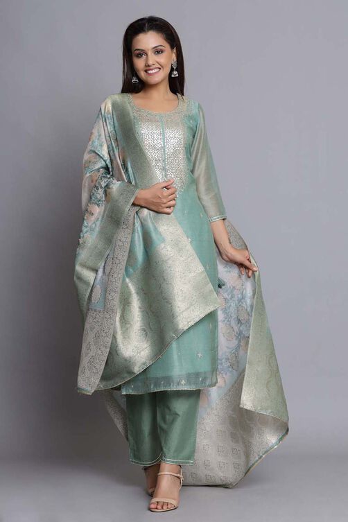 Green Unstitched dress material Suit Set image number 0