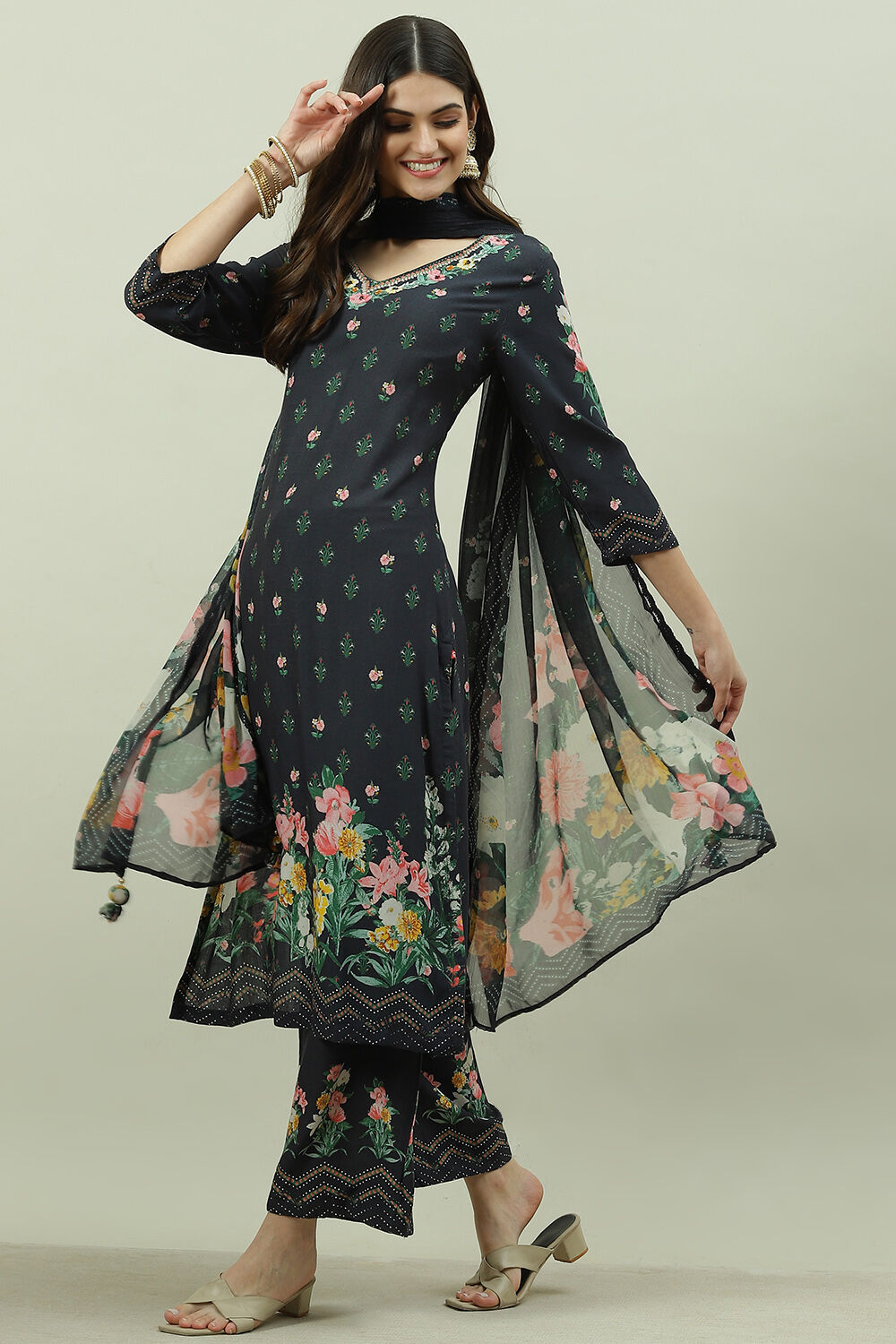 Black Rayon Printed Straight Pant Kurta Palazzo Suit Set image number 0