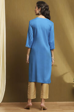 Electric Blue Solid Straight Kurta image number 3
