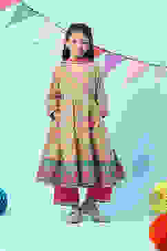 Lime Green & Pink Cotton Front Open Printed Kurta Palazzo Suit Set image number 0