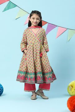 Lime Green & Pink Cotton Front Open Printed Kurta Palazzo Suit Set image number 0