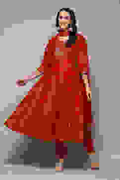 Red Cotton Anarkali Kurta Churidar Suit Set image number 6