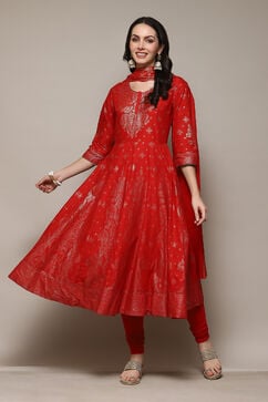 Red Cotton Anarkali Kurta Churidar Suit Set image number 6