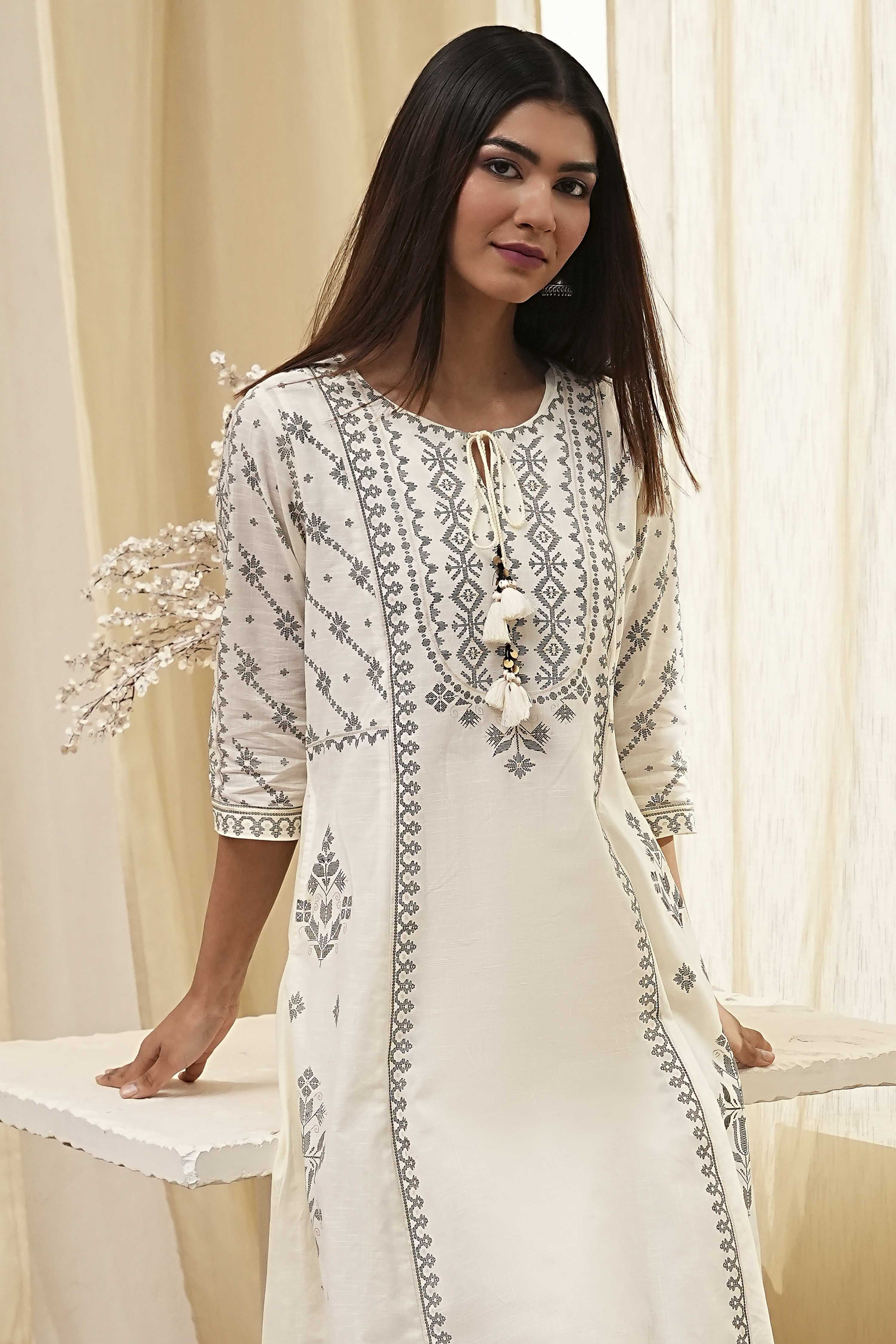 Off-White Pure Cotton Printed A-line Kurta Set image number 1