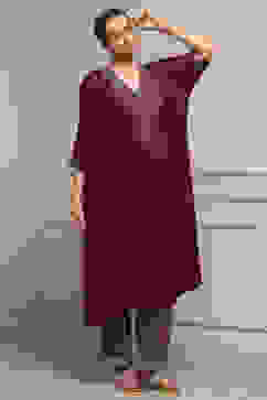 Purple Satin Solid Kaftan-Style Kurta Set image number 5