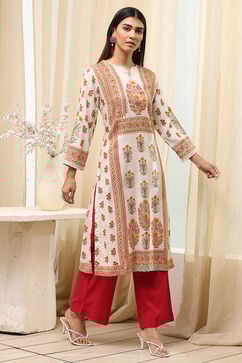 Off White Viscose Rayon Straight Printed Kurta image number 4