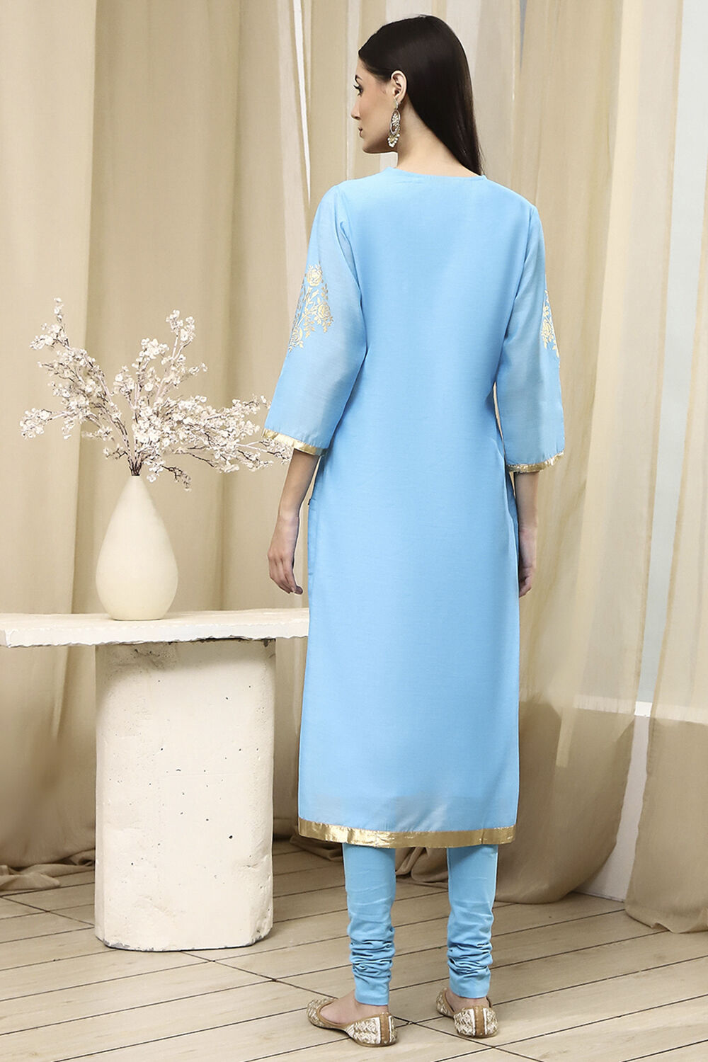 Blue Poly Chanderi Straight Suit Set image number 4