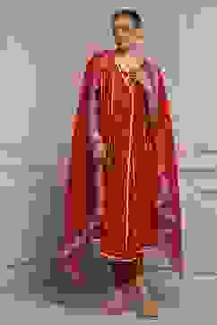 Red Chanderi Embroidered Kalidar Suit Set image number 0