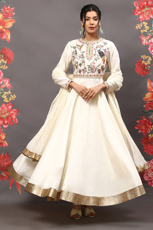 Rohit Bal Off White Cotton Blend Anarkali Kurta Suit Set image number 7